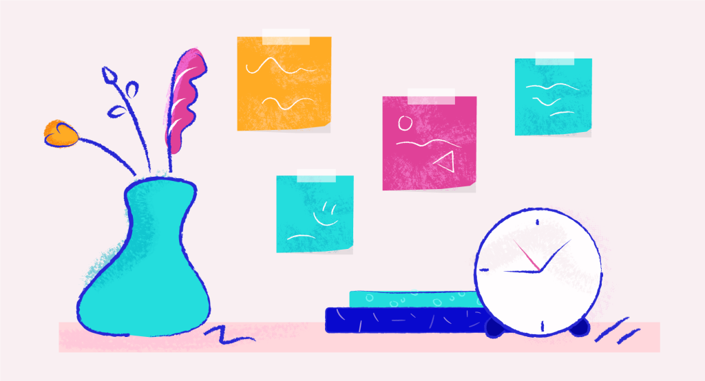 Illustration of post it notes and a vase with flowers