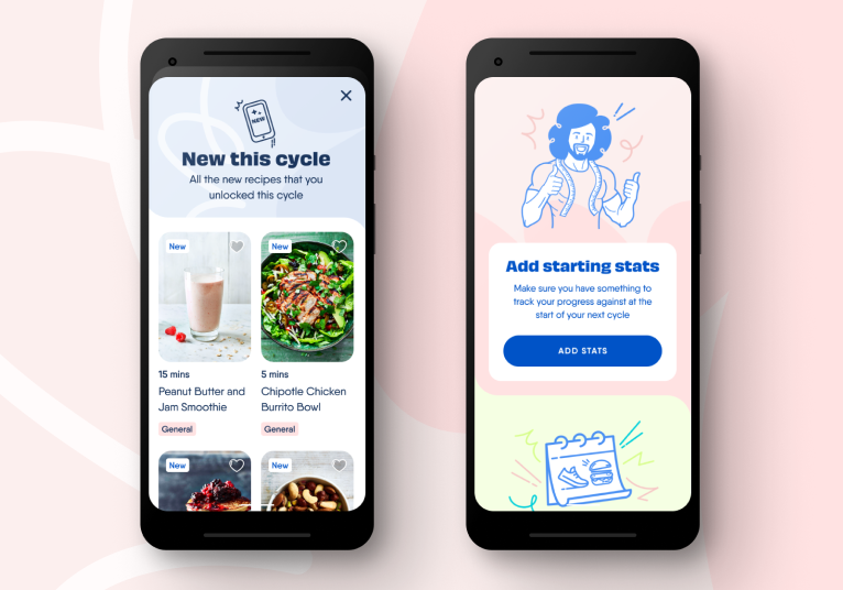 Two screens from the body coach app showing healthy recipes and calendar functionality