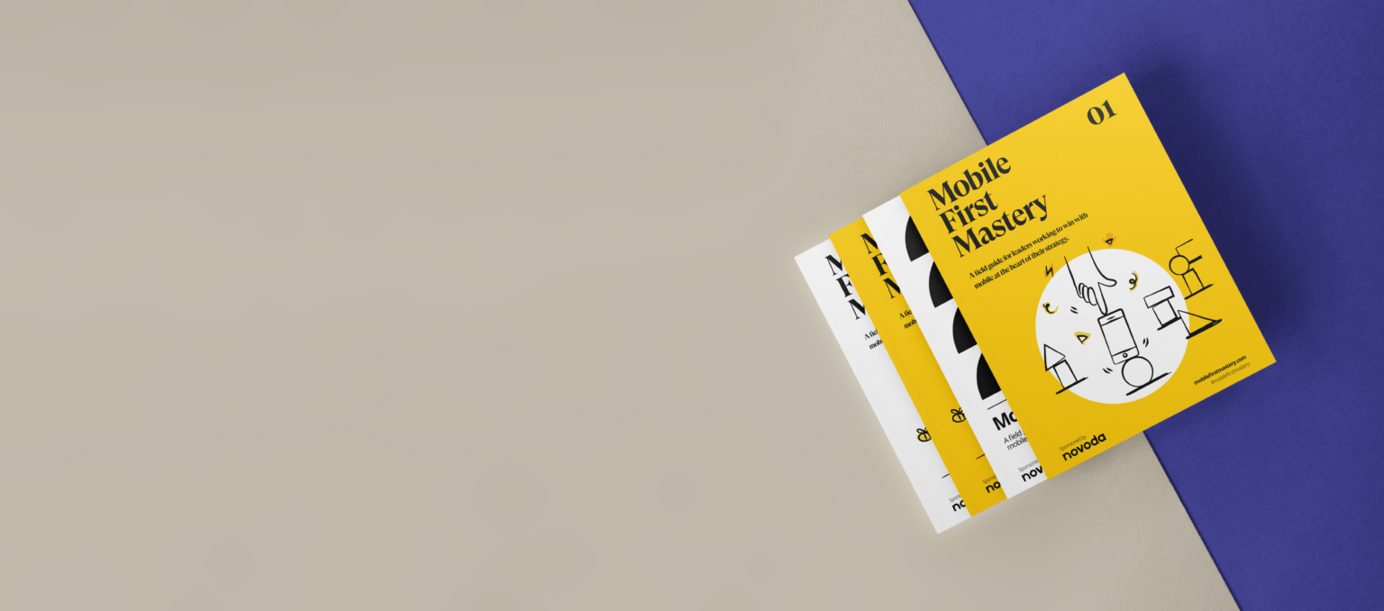 The Mobile First Mastery report cover showing an illustration of a hand balancing on a mobile phone placed on a blue and grey background